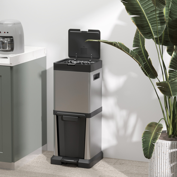 Сміттєвий відер з педаллю та розділенням 20+14 л, нержавіюча сталь, з кришкою та вийманими внутрішніми контейнерами, 32,5 x 31,5 x 78 см, сріблястий