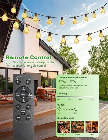 LED гірлянда для вулиці, 20.7м, з таймером, 30+1 лампочки G40, диммування, IP44, для декору саду, балкону, дому