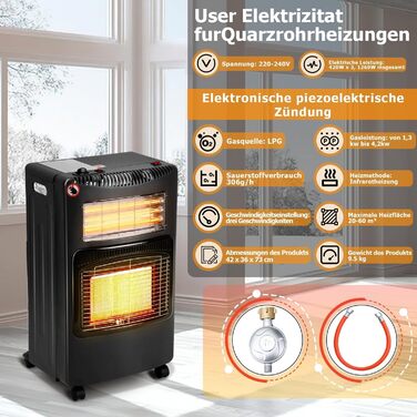 Газовий та електричний обігрівач 4200 Вт гібридний з газовим регулятором | для використання в приміщенні та на вулиці (газовий обігрівач тільки на вулиці) | підходить для балонів бутан/пропан до 11 кг | з підключенням до електромережі