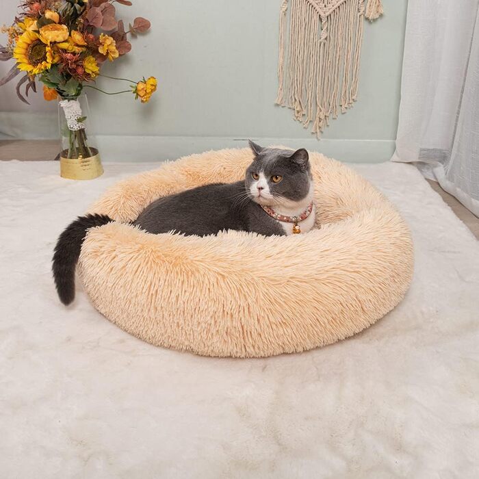 Ліжко для собак SearchI, пухнаста ліжко для пончиків, плюшевий диван для собак, подушка для кішок, м'яка плюшева ліжко для кішок, знімна, що миється ліжко для собак, кішок, діаметр 80 см, бежевий