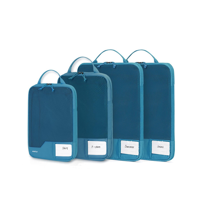 Набір компресійних органайзерів для валізи та рюкзака ECOHUB, 4 шт, з мітками та сітчастим підсиленням, екологічні дорожні сумки для одягу (Синій)