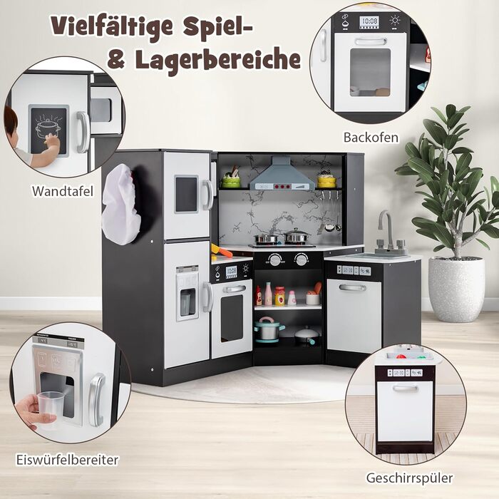 Дерев'яна дитяча кухня DREAMADE з аксесуарами (16 шт.), кухонний кутовий набір з плитою, духовкою, мийкою та дощечкою, ігровий кухонний набір з підсвіткою та звуком для дівчаток віком від 3 років (колір: коричневий)