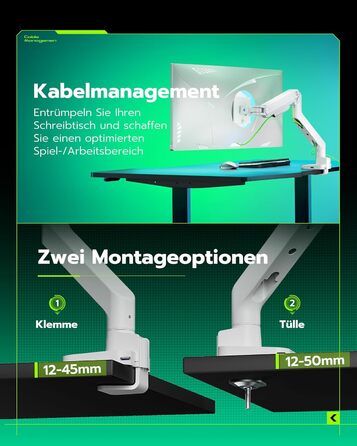 Кріплення для монітора ARES WING з USB A/C, кріплення для монітора 17-49 дюймів, підставка для монітора з газовою пружиною, VESA 75/100 мм, білий