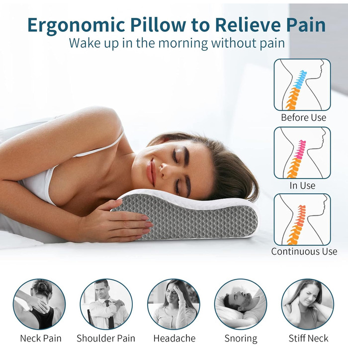 Подушка для шиї з Memory Foam для зняття болю, ортопедична подушка для сну, для сну на боці, спині, животі, біла & сіра