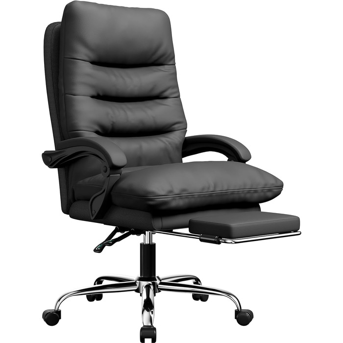 Ергономічне крісло для офісу Naspaluro з підніжкою, крісло для комп'ютера з двошаровою подушкою, високою спинкою, функцією відкидання, регулюванням висоти, з PU-шкіри, чорне, до 150 кг