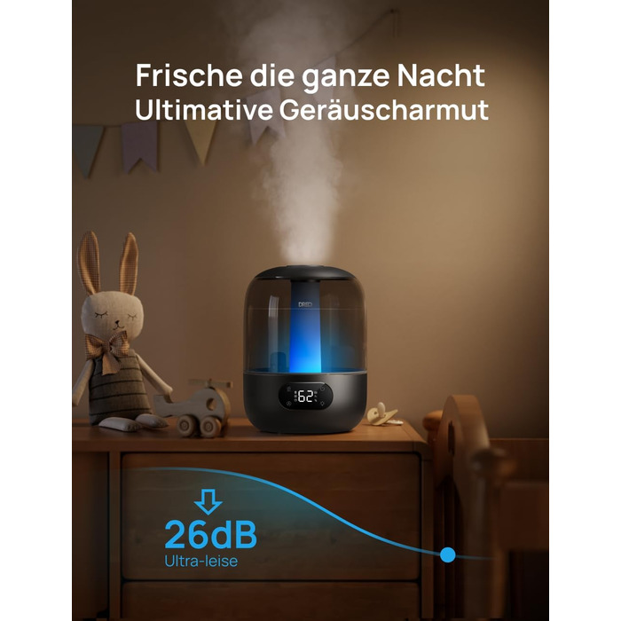 Зволожувач повітря Dreo для спальні, ультразвуковий пристрій холодного туману з 30 годинами роботи, резервуар 3L з верхнім заповненням, датчик вологості, нічне світло для дітей, кімнати, рослин та дому, чорний