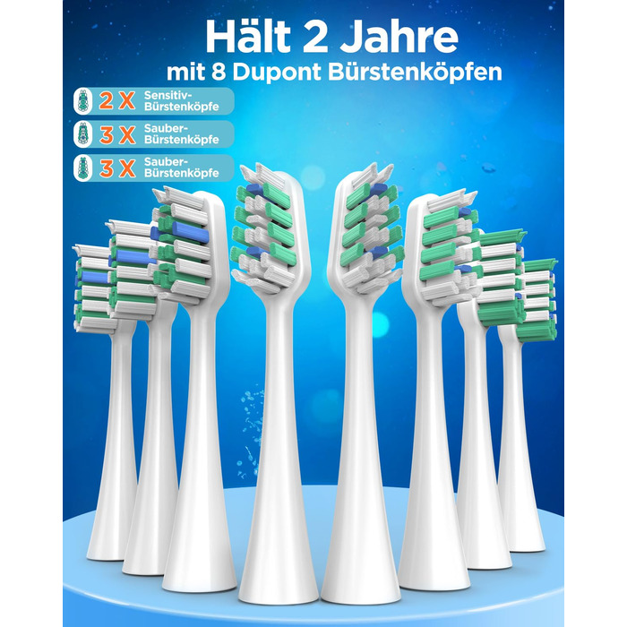 Електрична зубна щітка зі звуковими вібраціями, 8 насадок (3 типи), таймер, 120 днів роботи від акумулятора, 5 режимів чищення, чохол для подорожей, зарядний пристрій, що кріпиться до стіни (фіолетовий)