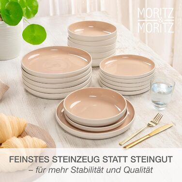 Набір посуду Moritz & Moritz Cavo Steingut на 6 осіб (18 предметів) - Сучасний сервіз з кераміки, комплект тарілок та мисок, кавовий сервіз (Колір: Мигдаль)