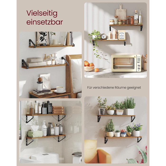 Настінна полиця VASAGLE, 6 штук в наборі, полиці-дошки, 2 способи монтажу, 30/35/40 см, для вітальні, кухні, кабінету, ванної кімнати, вінтажний коричневий + матовий чорний, LWS033K02