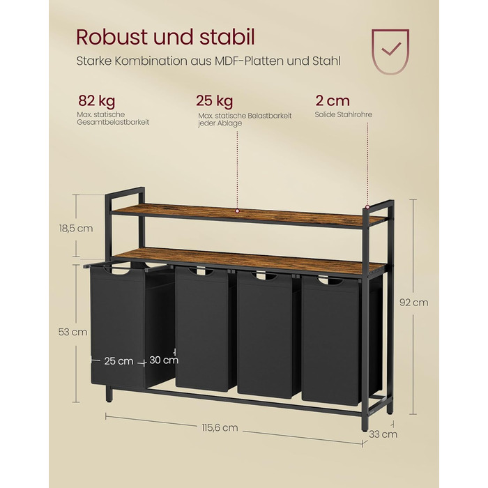 Кошик для білизни VASAGLE 3 відділення, 2 полиці, шухляда, 160л, вінтажний коричнево-чорний