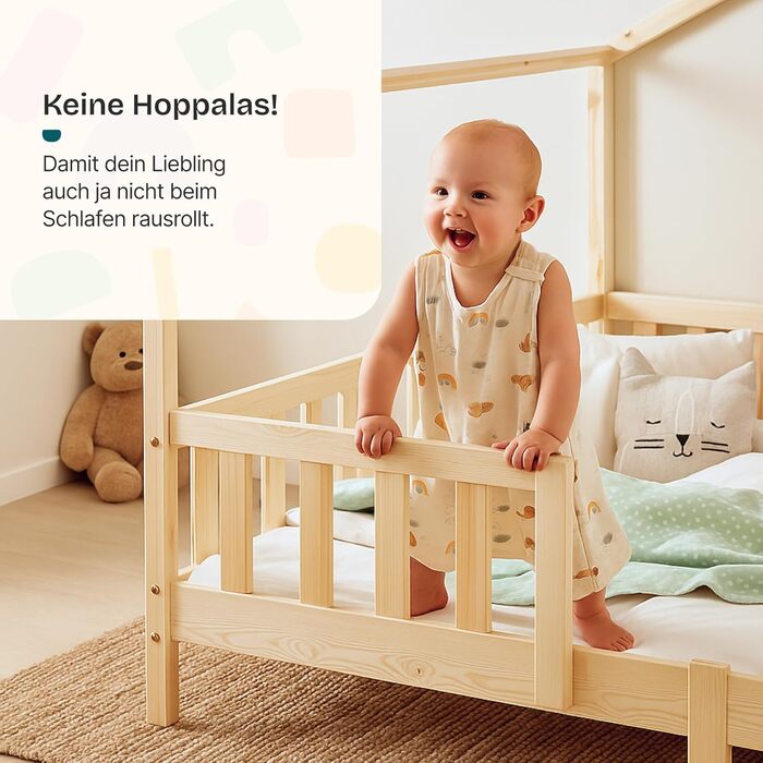 Дитяче ліжко en.casa Treviolo з матрацом, будиночок, ліжко-платформа для дітей, захист від падіння, ліжко Montessori, ігрове ліжко, сосна, білий (дерево, 70 x 140 см)