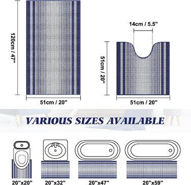 Набір килимків для ванної McEu з 3 предметів, нековзні миються Килимки для ванної 120x51 см66x44 см і U-подібний контурний килимок для унітазу 551 см, абсорбуючі Килимки для ванної з мікрофібри з синелі для ванної кімнати, (120x51 см551 см, синій)