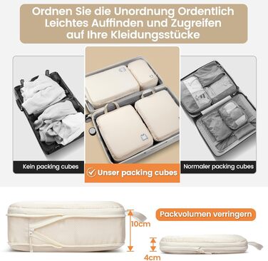Набір органайзерів для подорожей у валізу з компресією, 8 шт, водонепроникні пакувальні куби для ручної поклажі та рюкзака, бежевий