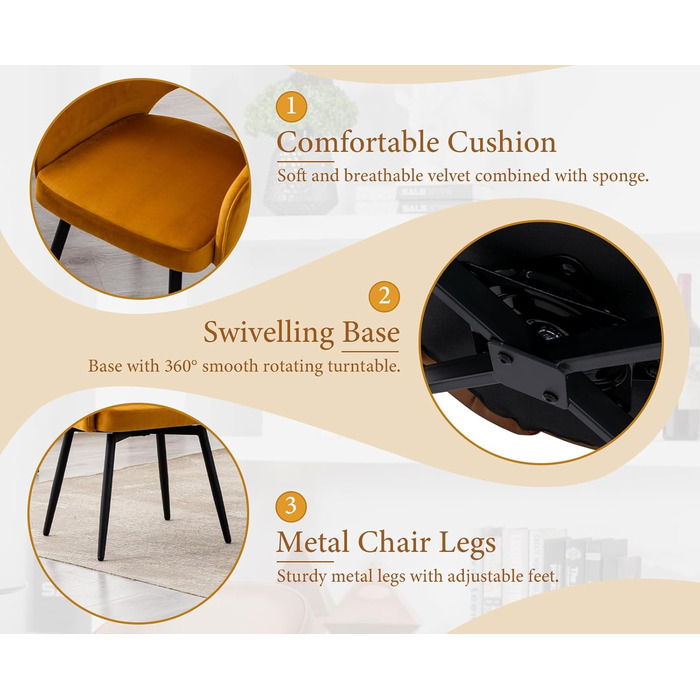 4 крісла з велюру для їдальні, обертаються на 360°, кухонні крісла з підлокітниками, м'які бічні крісла для дому, офісу, вітальні (жовті)