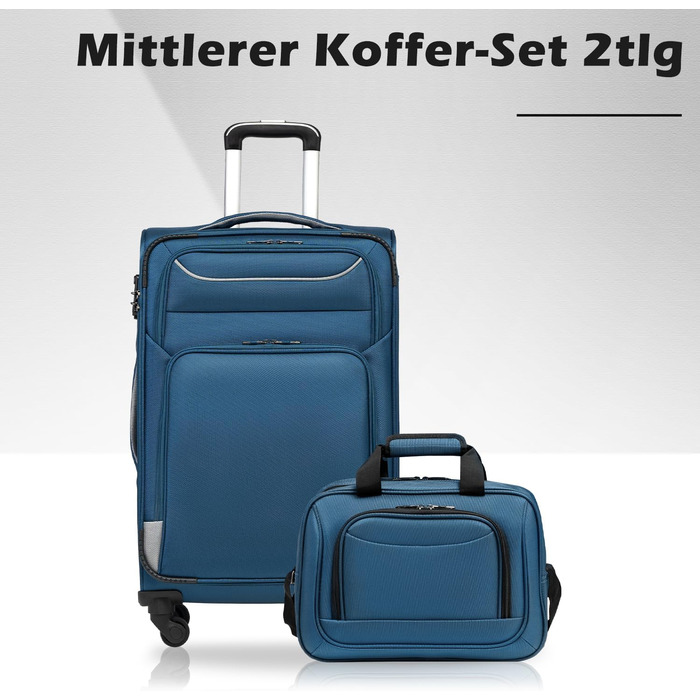 Валіза COOLIFE з 4 колесами, ручна валіза з TSA-замком, тканинна валіза, комплект 2 шт (середня, блакитний+сріблястий)