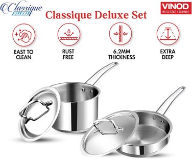 Набір кухонного посуду Vinod Classique Deluxe з нержавіючої сталі, 7 предметів: казан, сковорода, каструля з ручкою, соусник, кухонні аксесуари, індукційне дно, 2 роки гарантії