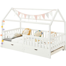 Ліжко для дому IDIMEX NUNA з масиву сосни, ліжко Монтессорі 90 х 200 см із захистом від падіння, ігрове ліжко з висувними ящиками, сучасне дитяче ліжко з дахом білого кольору