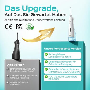 Бездротовий портативний душ COSLUS: 300 мл, IPX7, 5 насадок, для інтенсивного очищення та догляду за порожниною рота, ідеальний для подорожей