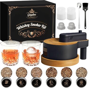 Набір для копчення віскі: 6 видів тирси, 2 склянки, 2 форми для льоду, для коктейлів, подарунок для чоловіків, батька, чоловіка (без бутану), дерев'яний