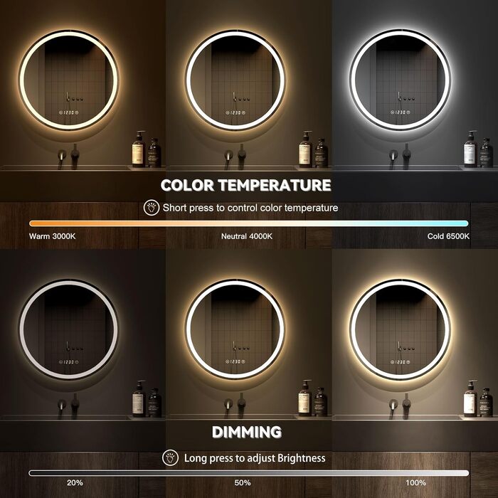 Дзеркало для ванної кімнати Dripex круглої форми з підсвічуванням LED, сенсорне управління, регулювання яскравості, 3 кольори світла, запобігання запотіванню, 50x50 см