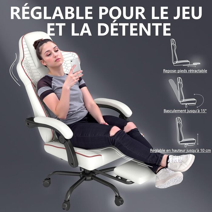 Ергономічне геймерське крісло з підніжкою, підголівником та підтримкою попереку. Регульоване геймерське крісло для дому та офісу, біло-червоне.