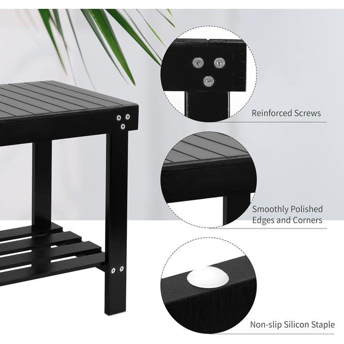 Банкетка для ванної кімнати VaeFae з бамбука, табурет для гоління з підставкою для ніг та полицею для аксесуарів, чорний колір