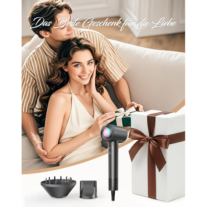 Іонний фен для волосся з дифузором, професійний стайлер 150 000 об/хв, 8 режимів температури з LED-дисплеєм, для кучерявого та густого волосся, чорний