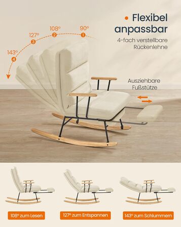 Крісло-гойдалка SONGMICS HOME з дерева каучука, флісова оббивка, регульована спинка, до 160 кг, для спальні/вітальні, камелеон-колір