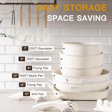 Набір посуду Astercook 23 шт. з керамічним покриттям, знімні ручки, індукційний, піч-безпечний, кремово-білий