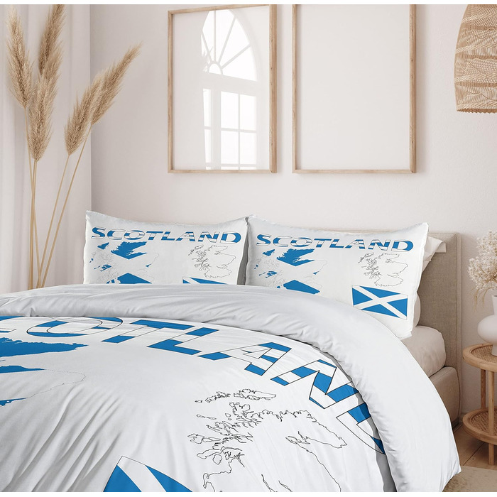 Шотландія Комплект підковдр Двоспальне ліжко, карта та прапор, м'яка форма Високоякісна підковдра з 2 предметів з 1 наволочкою, 170 x 220 см - 75 x 50 см, кобальтово-синій білий 170 x 220 см - 75 x 50 см Кобальтовий синій білий