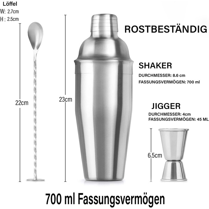 Набір шейкерів для коктейлів Zulay з нержавіючої сталі 700 мл (6 шт.) – шейкер, джиггер, стік та ложка для змішування – для Маргарити та інших коктейлів