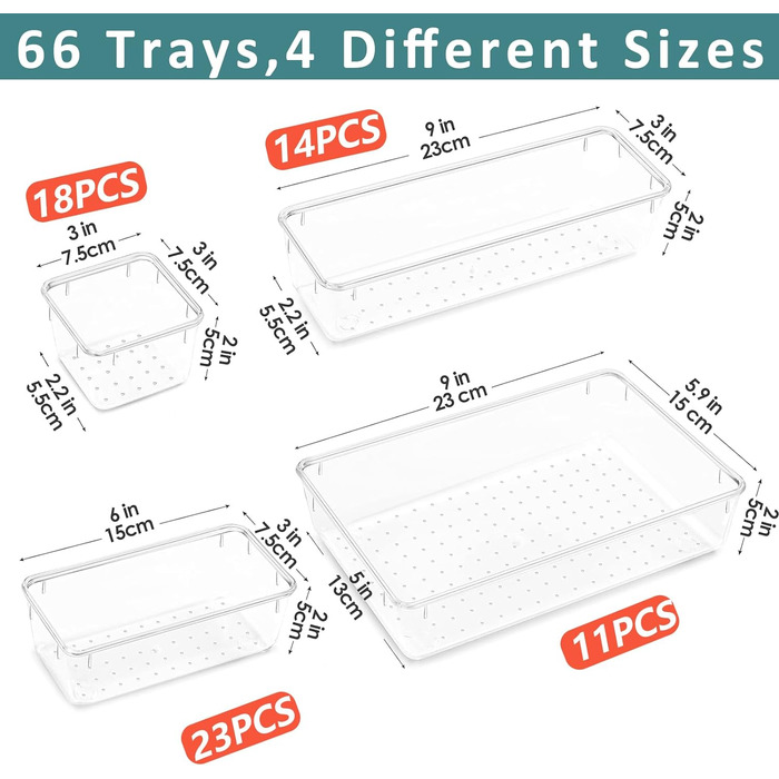 Органайзер для ящиків, 4 розміри, прозорий пластик, для макіяжу, кухні, офісу, шафи, 66 шт.