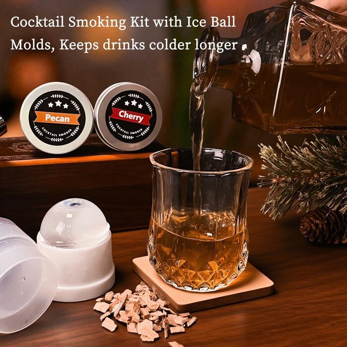 Набір для копчення коктейлів: 6 смаків, дерев'яні чіпси, форми для льоду, 2 склянки. Ідеальний подарунок для чоловіків