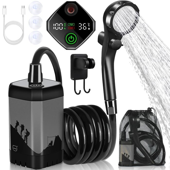 MIAOKE Портативна електродушова система для кемпінгу, 7800 mAh, з цифровим дисплеєм та регулюванням температури, сірий колір