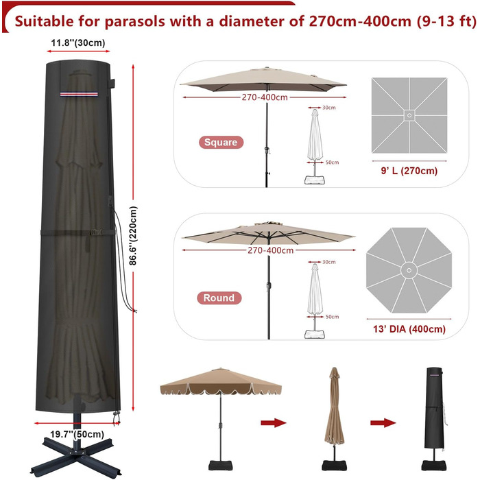 Захисний чохол для парасольки/зонту LAMUNI, водонепроникний, для парасольки/зонту розміром 3-5м, 220x30/50см