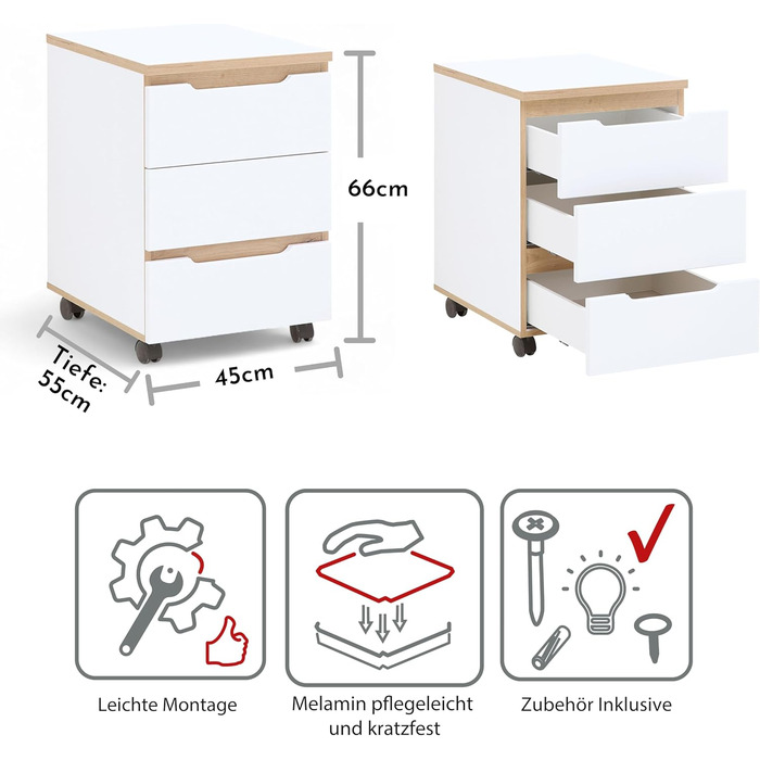 Роликовий контейнер Stella Trading Memphis – білий з імітацією дуба Artisan, 45 x 66 x 55 см – мобільний офісний шафчик з шухлядами