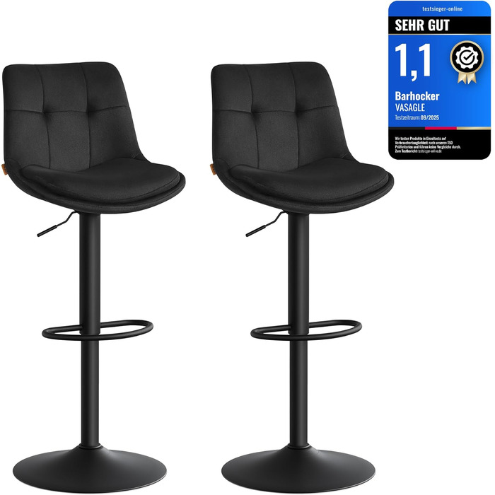 Барні стільці VASAGLE 2 шт. регульовані по висоті, обертаються, зі спинкою та підставкою для ніг, для кухні, їдальні, бару, сталь, LJB195G02 (Чорний, Велюр)