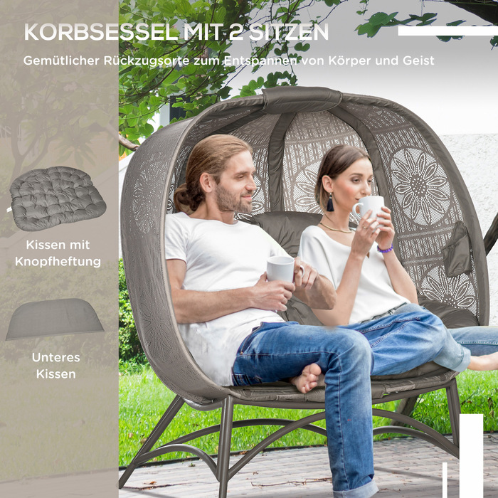 Outsunny Garden Chair 2-місне крісло Papasan зі складним кошиком і подушкою, шезлонг для балкона та тераси, сталь у піску, 126 x 75 x 142 см