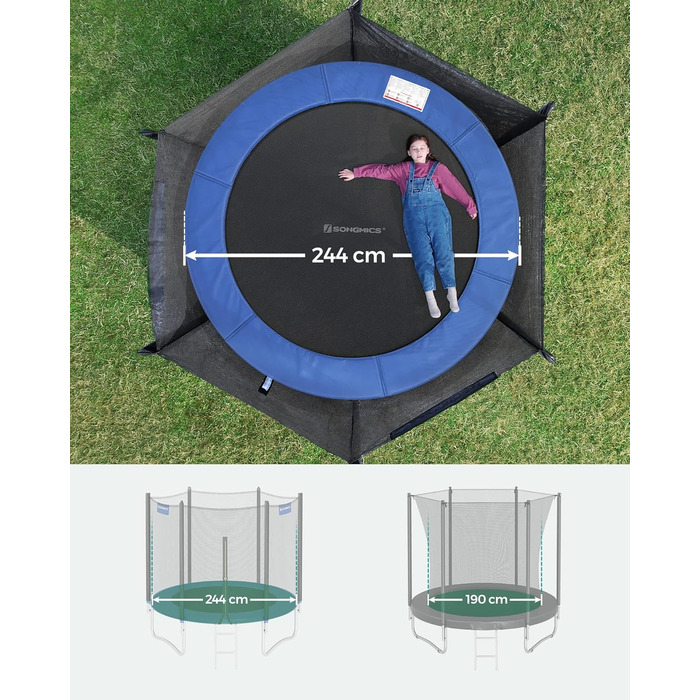 Батут SONGMICS для саду Ø244 см з захисною сіткою, драбиною та м'якими стійками, блакитний