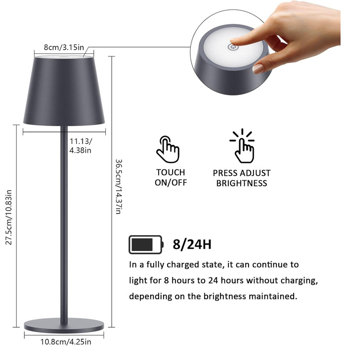 LED-лампа K-Bright: 4 шт., диммер, акумулятор, бездротова, 36.5 см, перезаряджувана, 2700K, тепле світло, USB-C, IP54, пісочний (антрацит)
