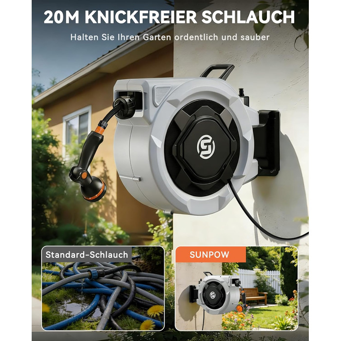 Шланговий барабан SUNPOW настінний 30м, 16 мм - автоматичний згортач з фіксацією, поворотна стіна, 10 функцій для саду, тераси та двору