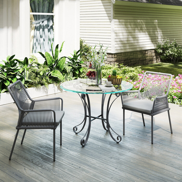 Набір з 2 садових стільців, стільці для тераси, знімні подушки, спинка, підлокітники, сталевий каркас, ротанг-оплетення, темно-сірий