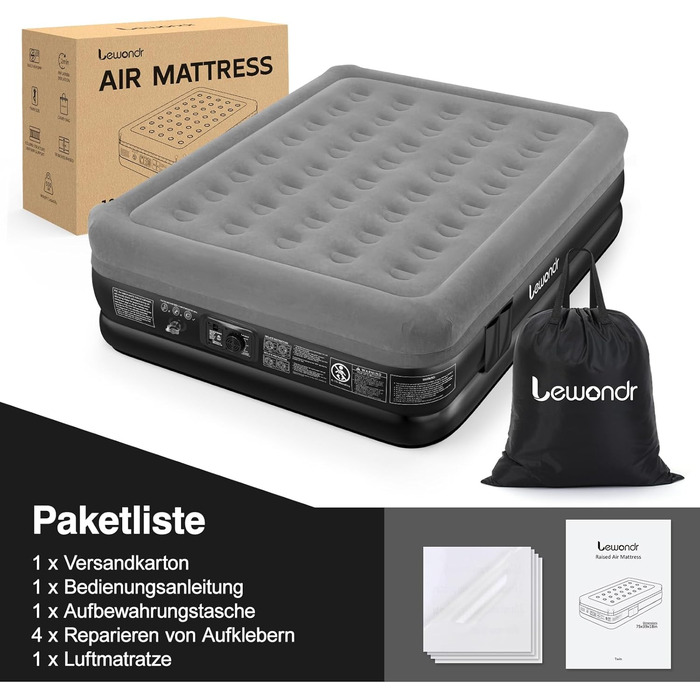Надувне ліжко Lewondr на 2 особи з вбудованим насосом, 203x152x46 см, сірий колір, 250 кг, для кемпінгу, дому, гостей, подорожей