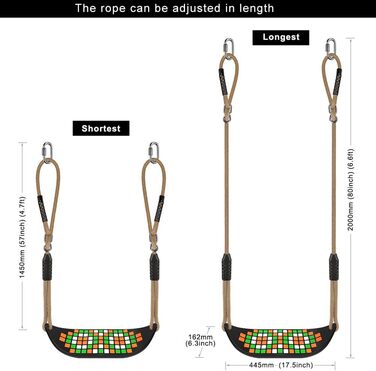 Гойдалка садові SELEWARE з міцним сидінням, 2м регульованим канатом та 2 карабінами, чорна (квадратне сидіння)