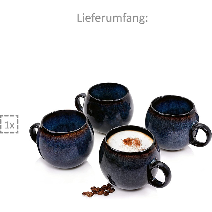 Набір кавових чашок Sänger Tokio 8 шт., чашки для капучино 4 шт., набір чашок з блюдцями, 80 мл, кераміка, блакитно-чорний колір з коричневими акцентами, PREMIUM COLLECTION