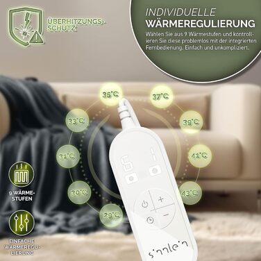 Електрична гріюча ковдра 200x180 см сірого кольору | з таймером та 9 рівнями нагріву | Плюшева ковдра, пральна до 40°C, цифровий дисплей