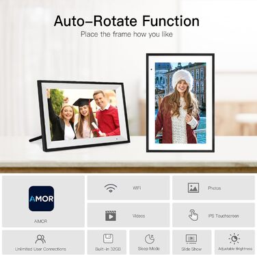 Цифровий фоторамка 10.1 дюйма з Wi-Fi, 32GB, IPS сенсорний екран, автоматичне обертання, чорний колір