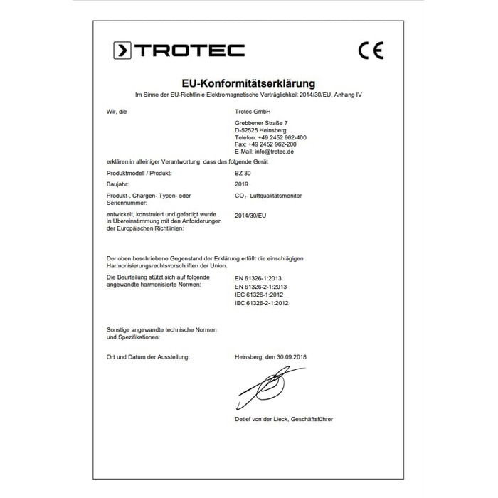Вимірювач CO2 Trotec BZ30 – Монітор якості повітря, вологості та температури. Діапазон вимірювання 0-9999 ppm, похибка ±75 ppm + 5%, даталогер на 50000 значень з пам'яттю даних