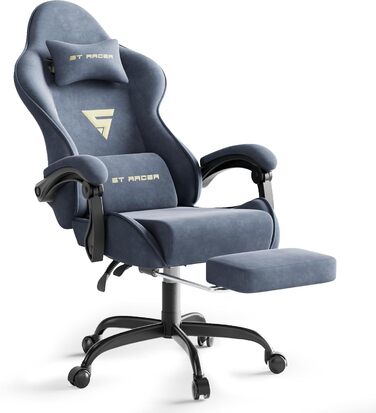 Крісло геймінгове Ferghana з підголівником та підставкою для ніг, сталево-синій колір. Зручне крісло для геймерів та офісу.