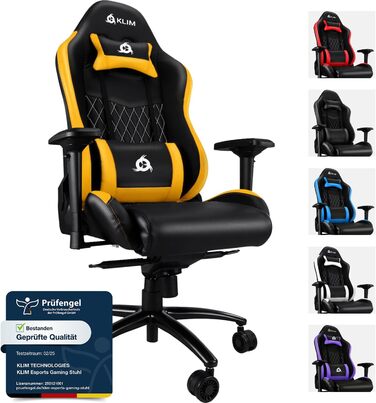 Ігровий крісло KLIM Esports – PC крісло з регульованою спинкою, підлокотниками 4D, подушками для голови та попереку, 170 кг, тиха база – жовтий